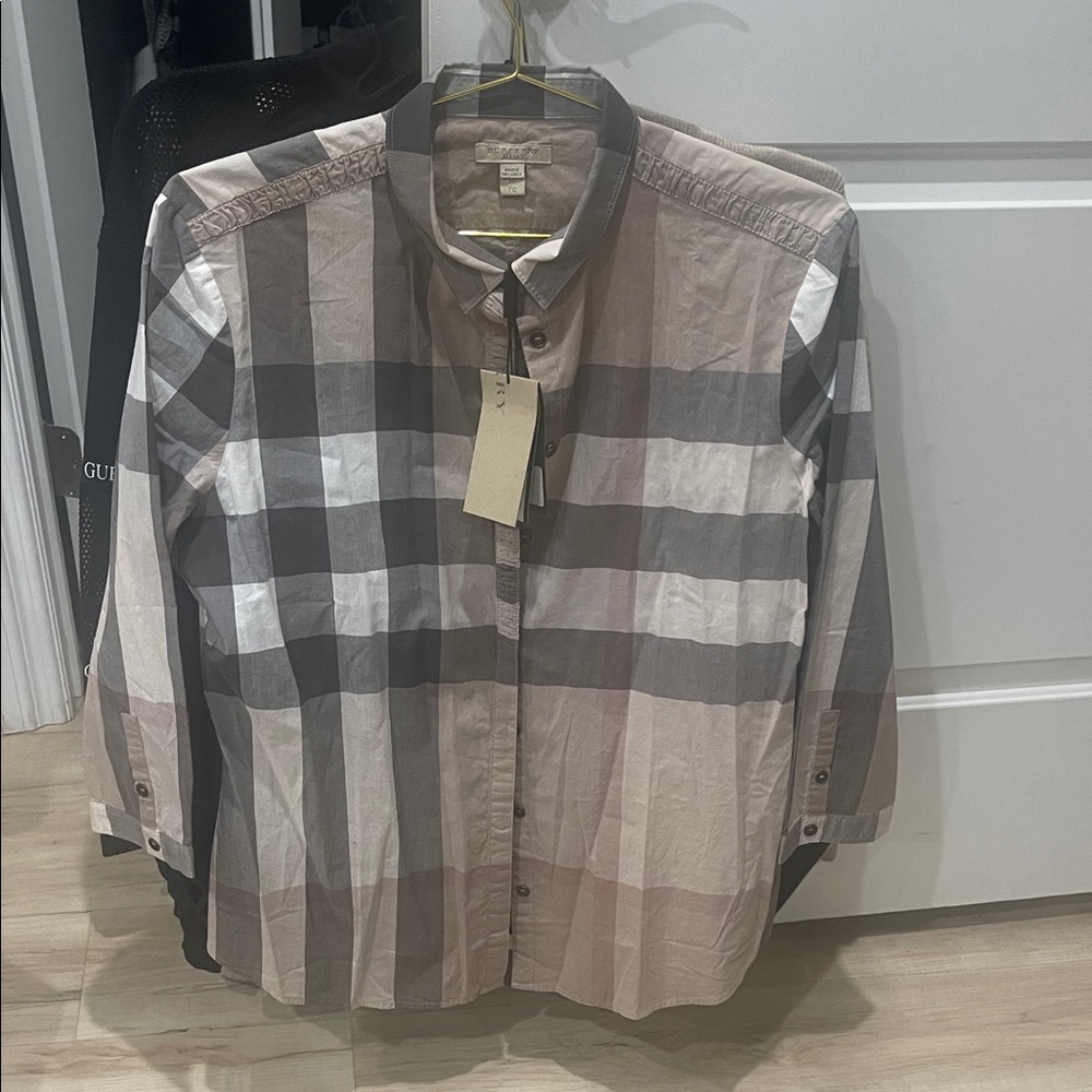 Burberry Beige and Gray Plaid Shirt stunning⭐️⭐️⭐️⭐️⭐️